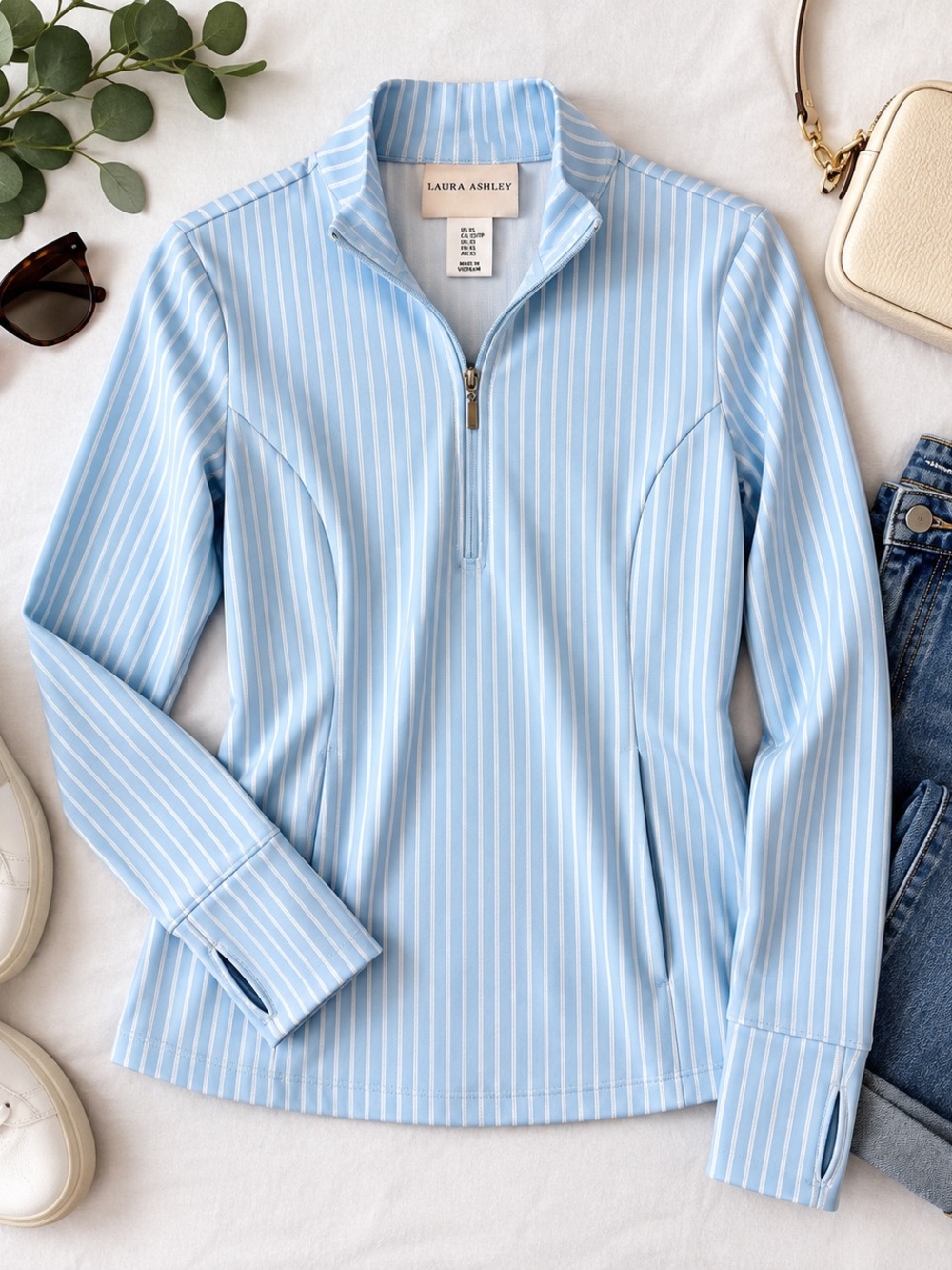 Laura Ashley Blue and White Striped Quarter-Zip Pullover